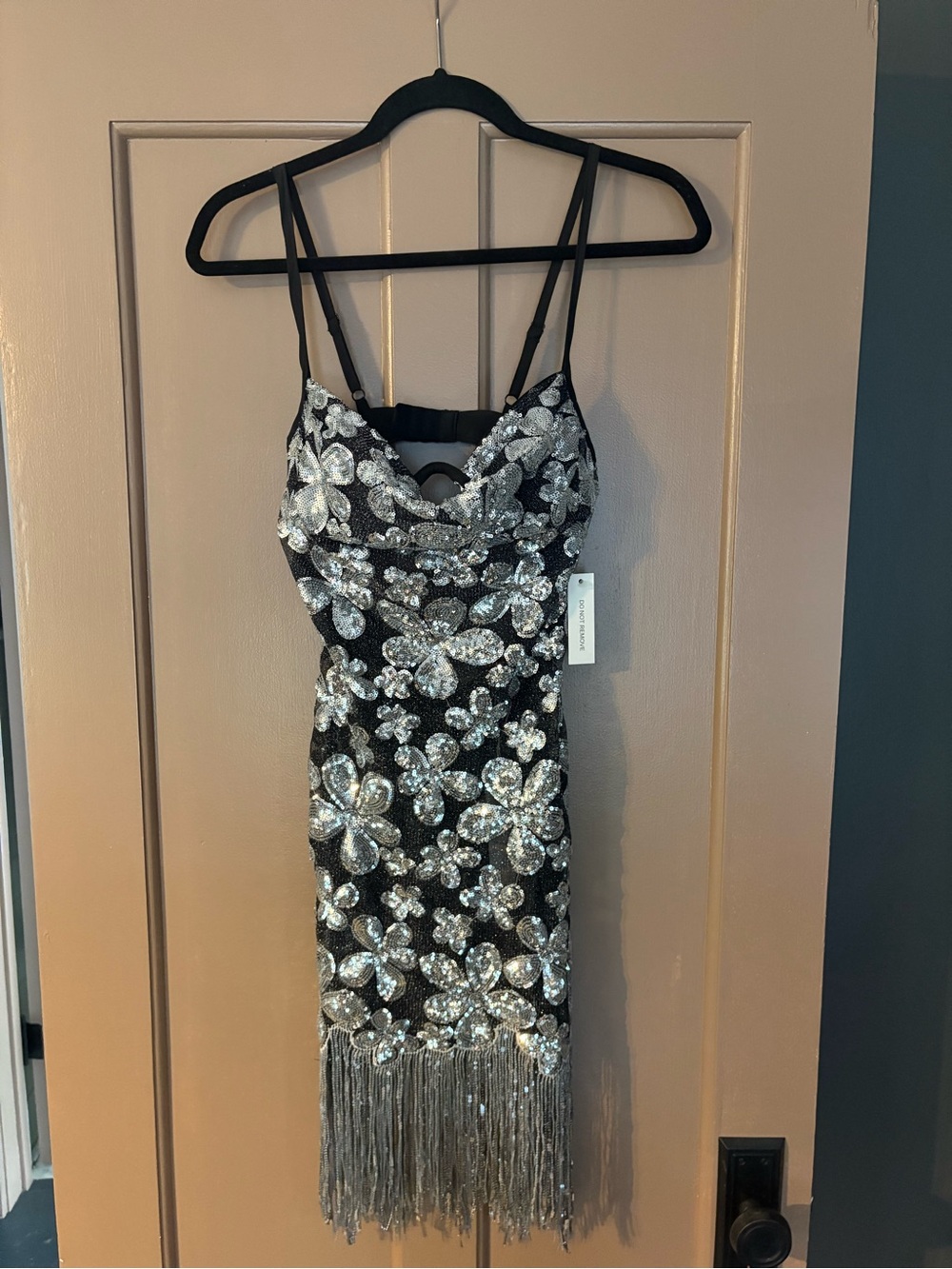 For Love & Lemons Black Dress with Silver Sequin Floral Fringe